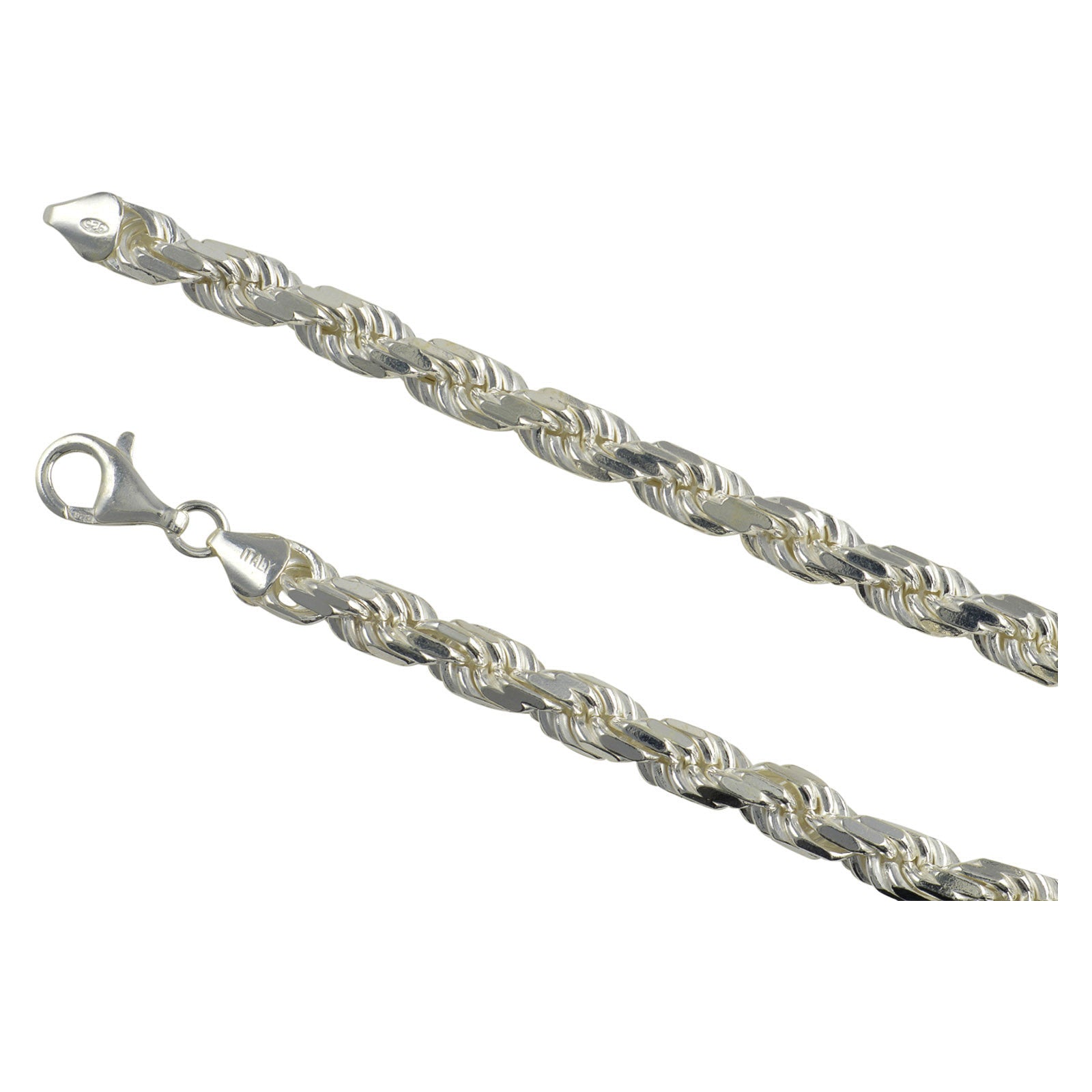 Sterling Silver Diamond Cut Rope Chain Necklace in 7mm Width, Gauge 150. Available in 6 Lengths.