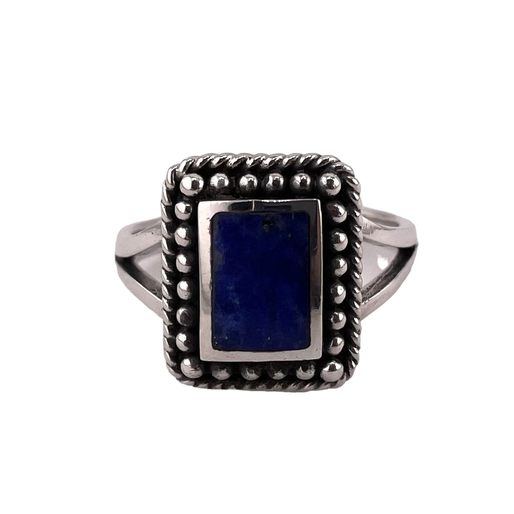 Rope Bead Lapis Ring Sterling Silver