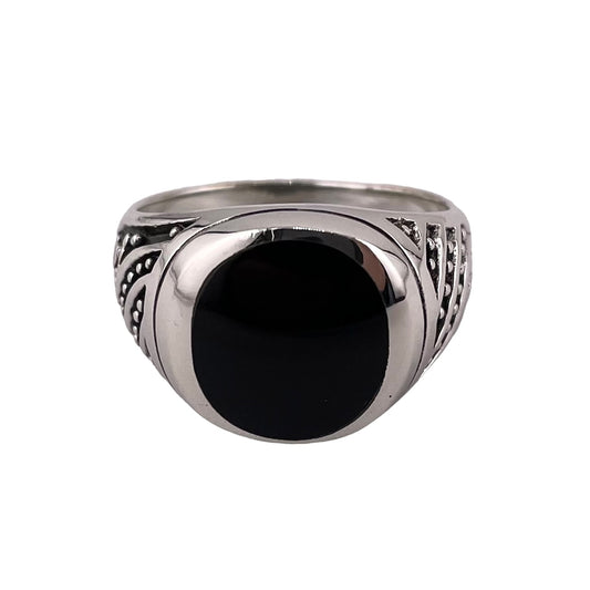 Black Onyx Round Stone Ring Sterling Silver