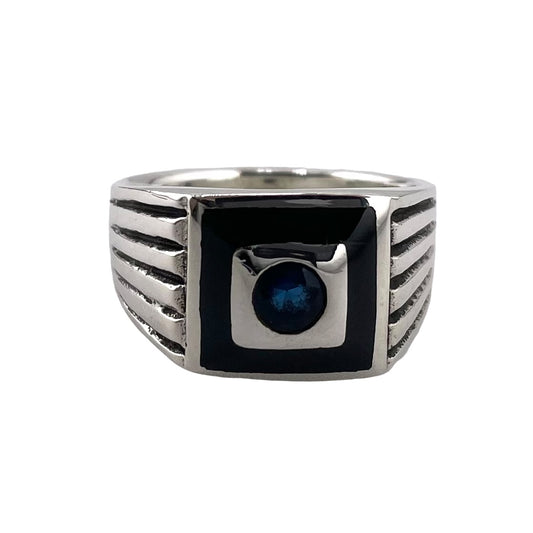 Black Onyx & Blue CZ Ring Sterling Silver