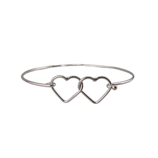 Double Heart Latch Bangle Bracelet Sterling Silver