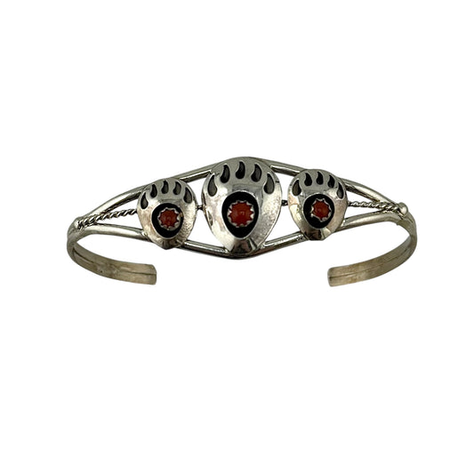 Coral Bear Paw Navajo Cuff Bracelet Sterling Silver