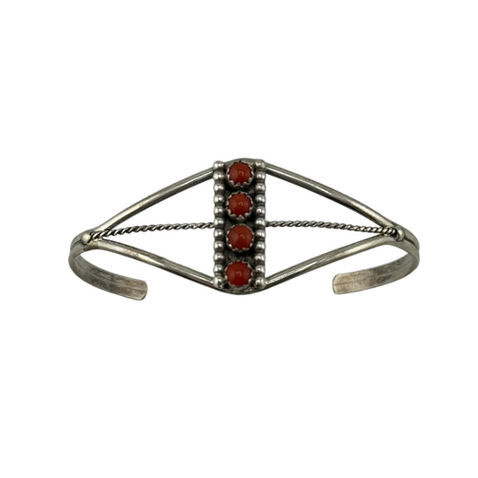 Coral 4-Stone Row Navajo Cuff Bracelet Sterling Silver