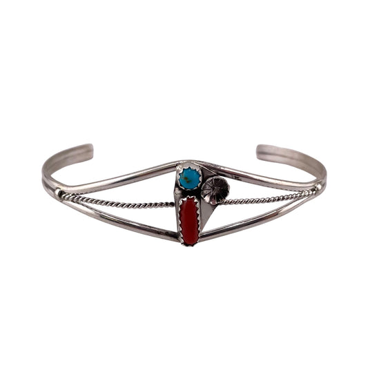 Turquoise & Coral Flower Navajo Cuff Bracelet Sterling Silver