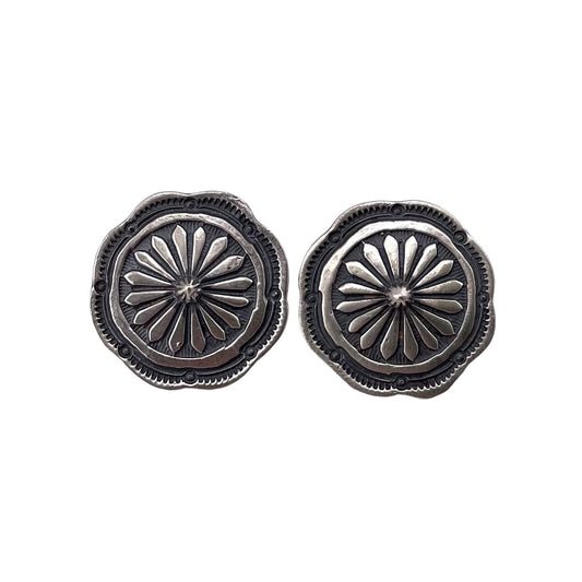 Oxidized Concho Flower Imprint Navajo Earrings Sterling Silver