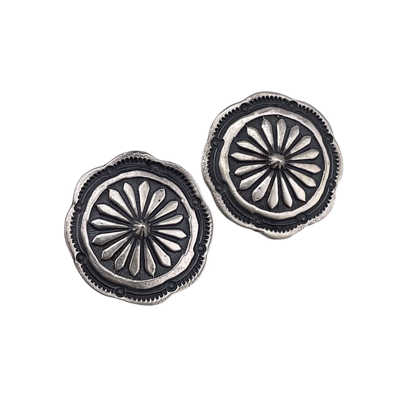 Oxidized Concho Flower Imprint Navajo Earrings Sterling Silver