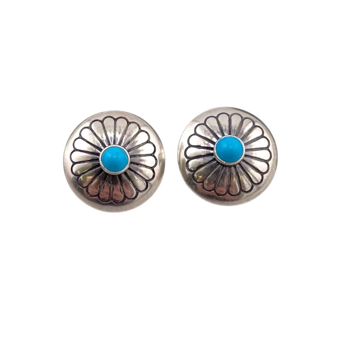 Turquoise Concho Flower Imprint Earrings Sterling Silver