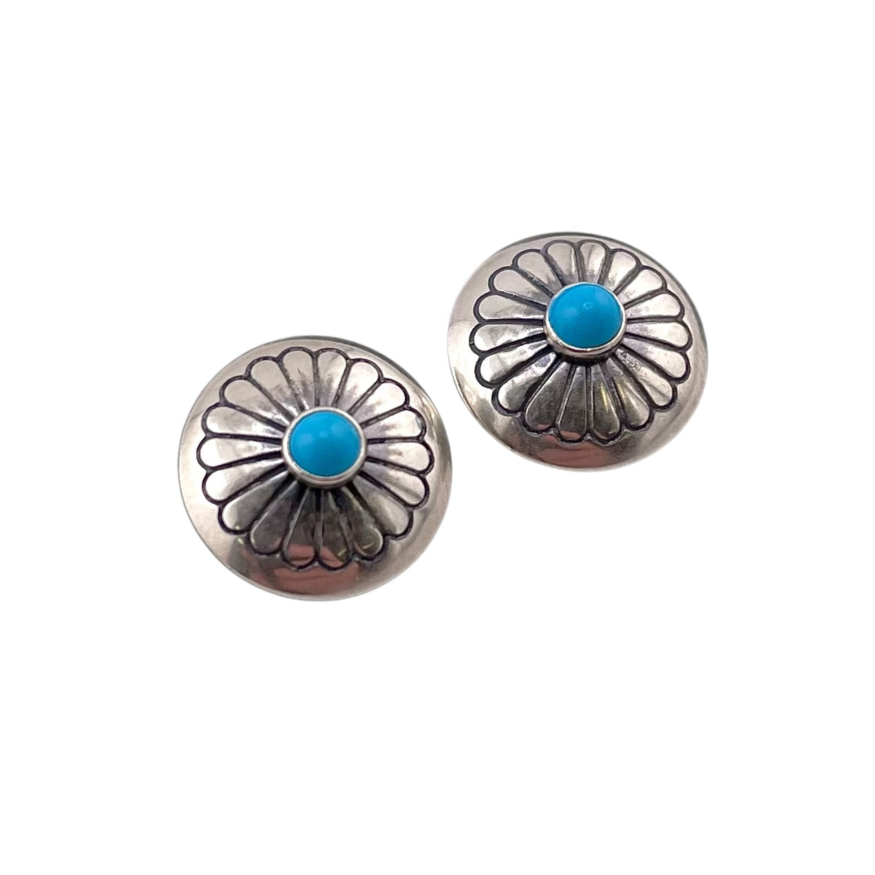 Turquoise Concho Flower Imprint Earrings Sterling Silver