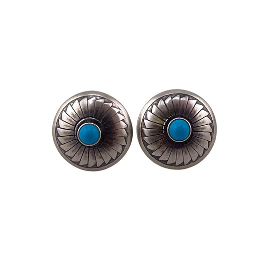 Turquoise Concho Flower Imprint Earrings Sterling Silver