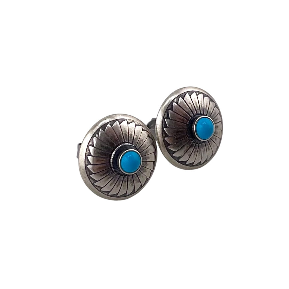 Turquoise Concho Flower Imprint Earrings Sterling Silver