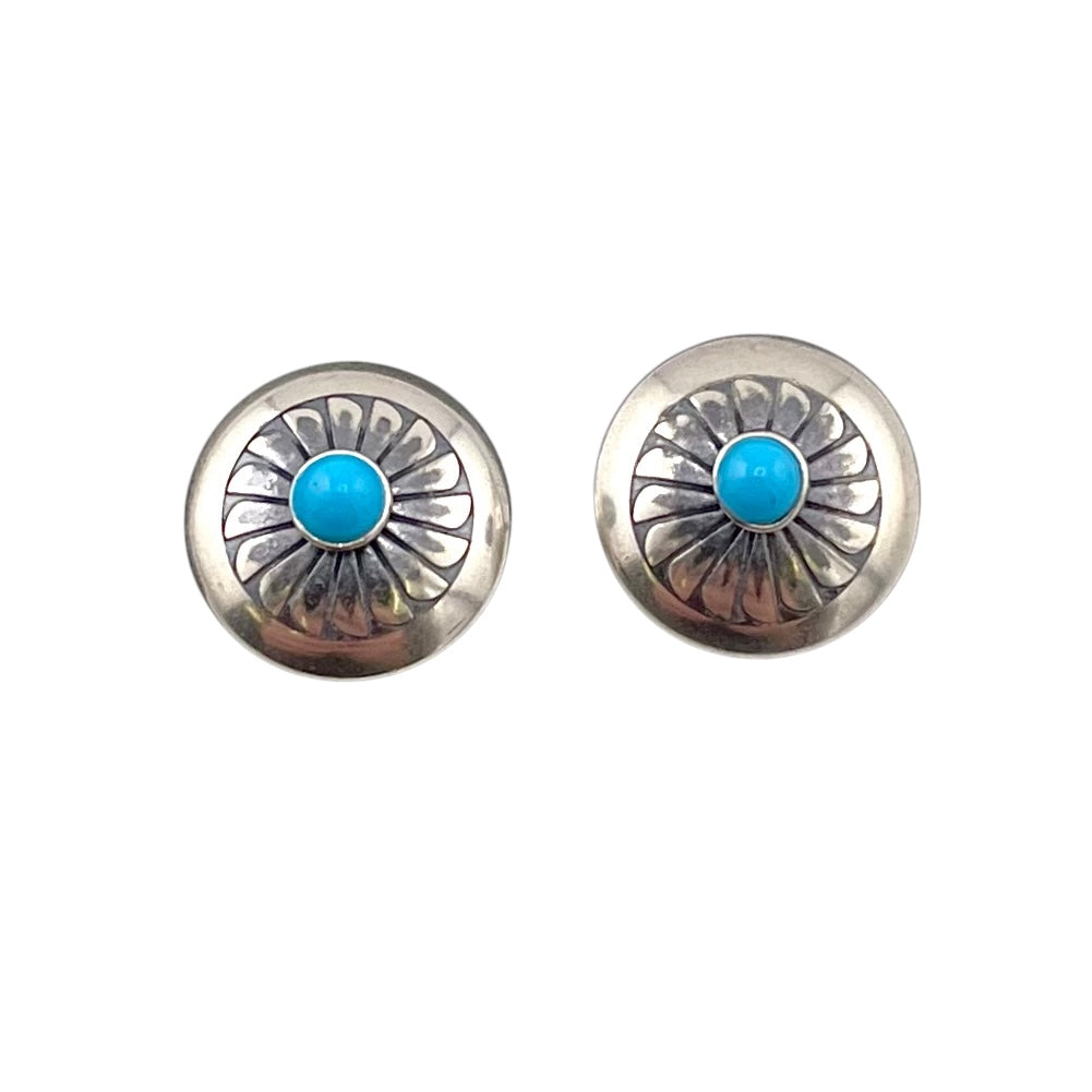 Turquoise Concho Flower Imprint Earrings Sterling Silver