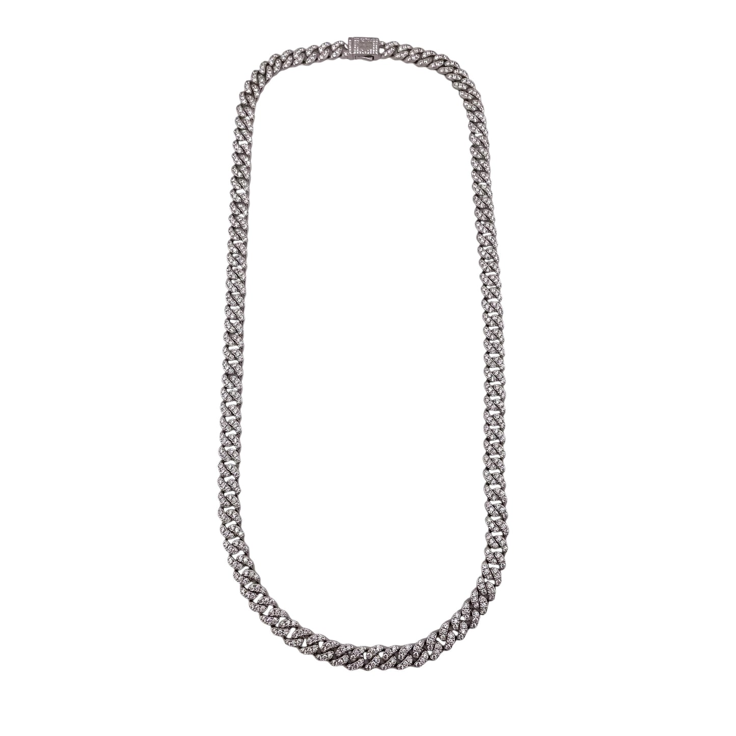 CZ Curb 8mm Rhodium Sterling Silver Chain Bracelet Necklace