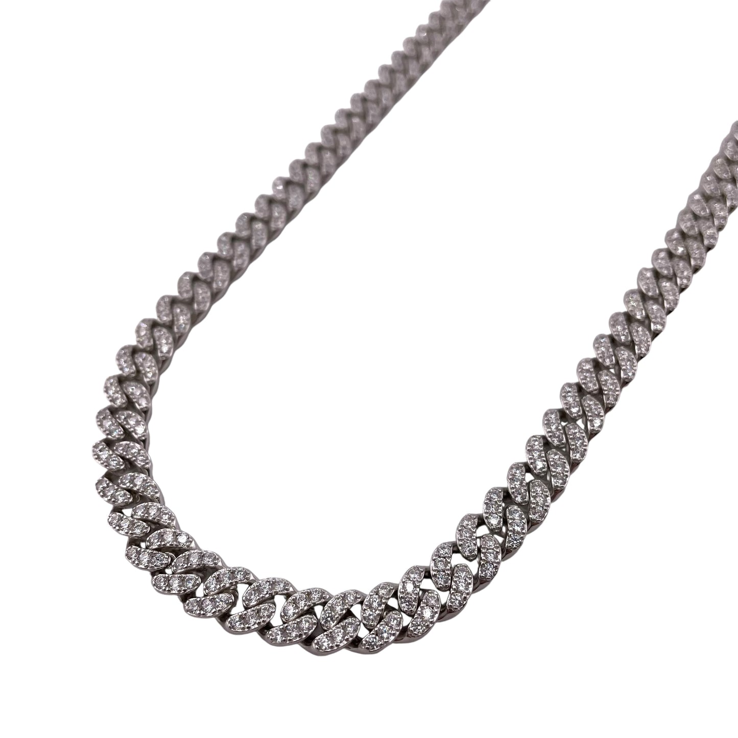 CZ Curb 8mm Rhodium Sterling Silver Chain Bracelet Necklace