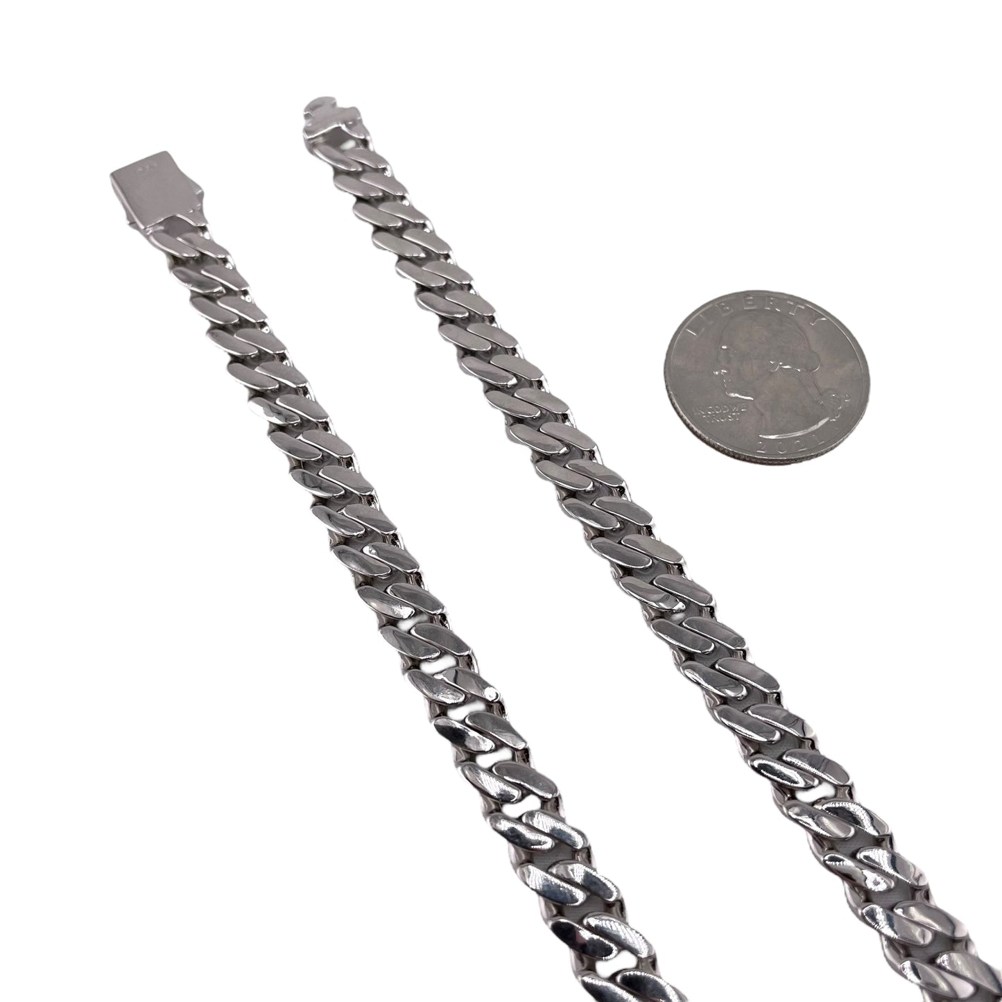 CZ Curb 8mm Rhodium Sterling Silver Chain Bracelet Necklace