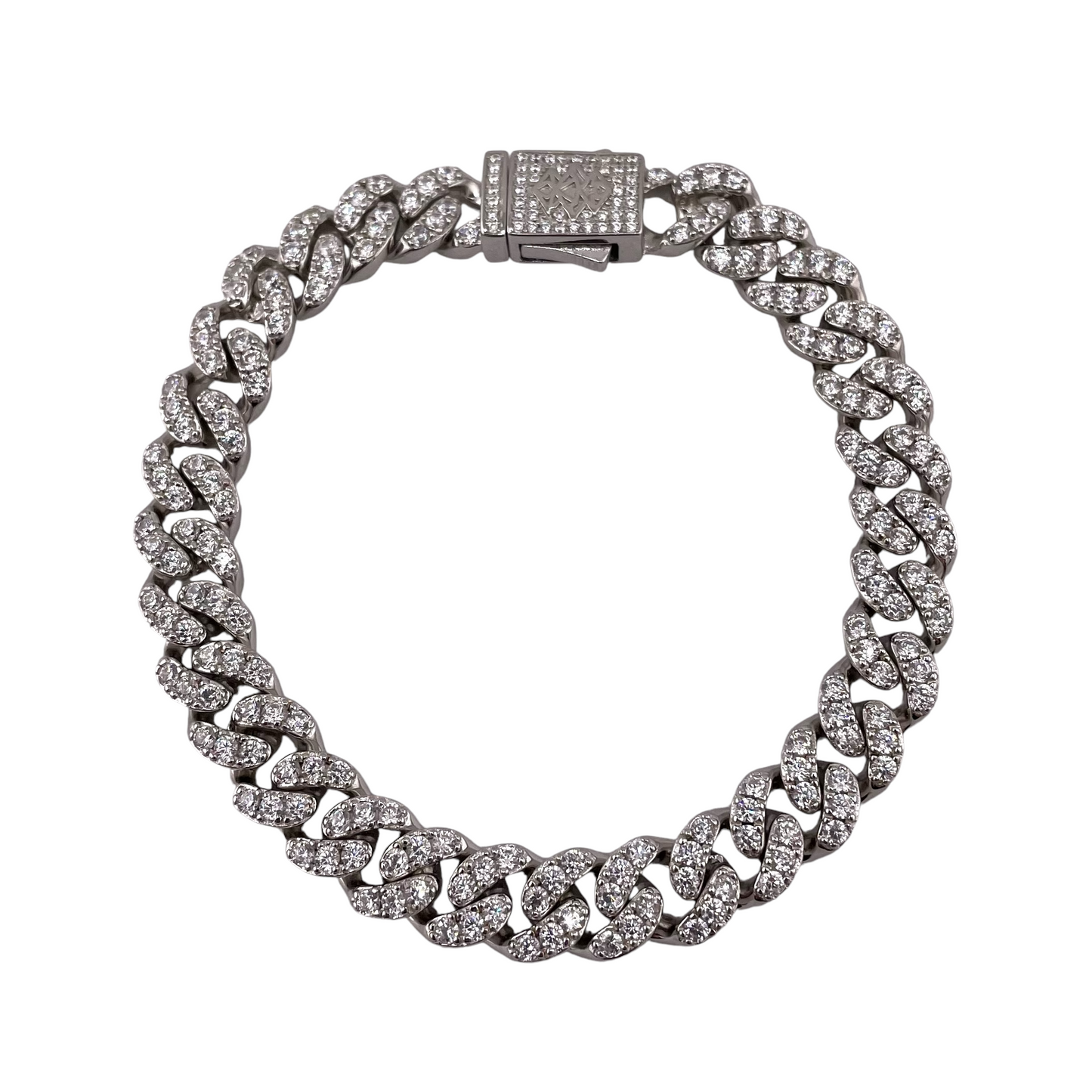 CZ Curb 8mm Rhodium Sterling Silver Chain Bracelet Necklace