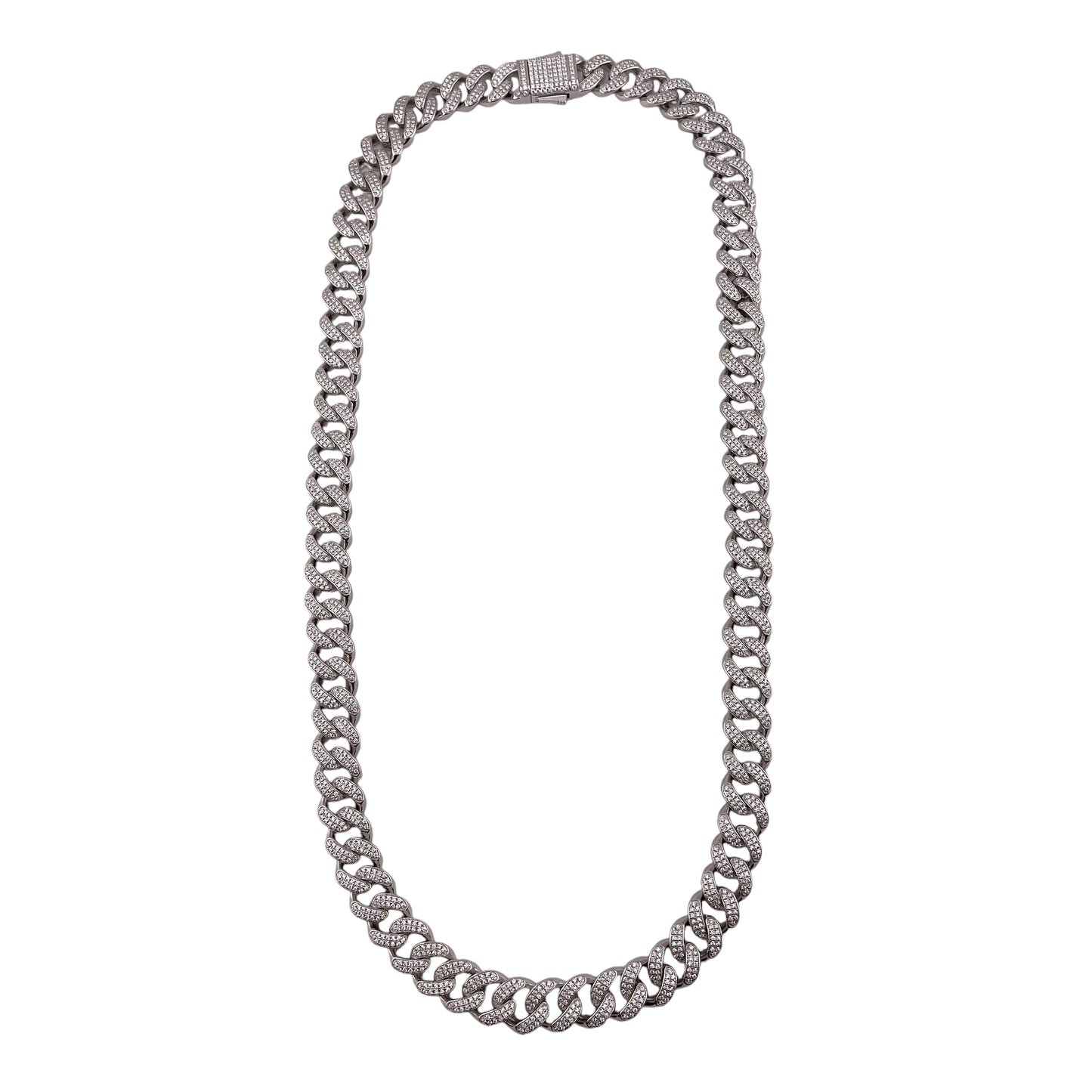 CZ Curb 11mm Rhodium Sterling Silver Chain Bracelet Necklace