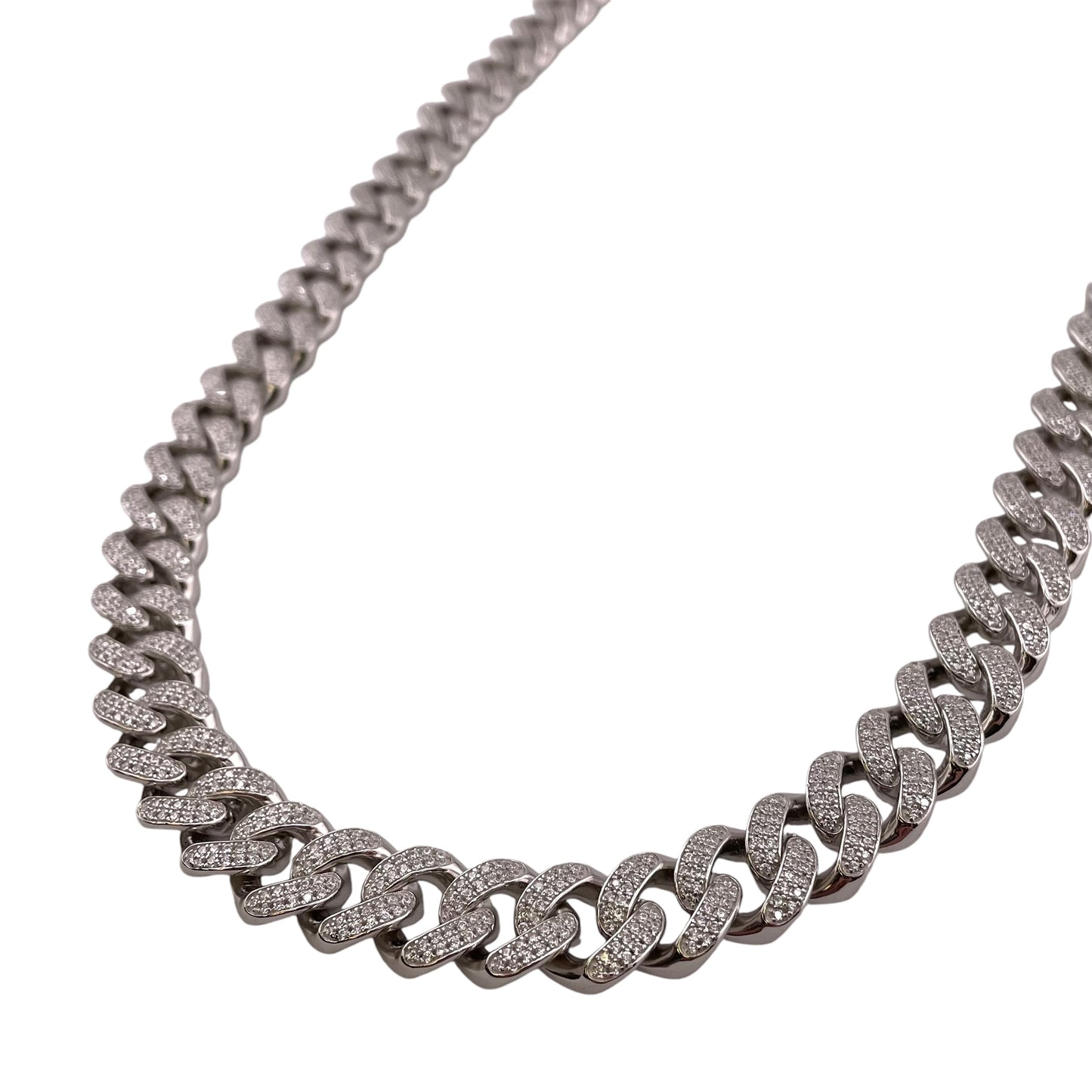 CZ Curb 11mm Rhodium Sterling Silver Chain Bracelet Necklace