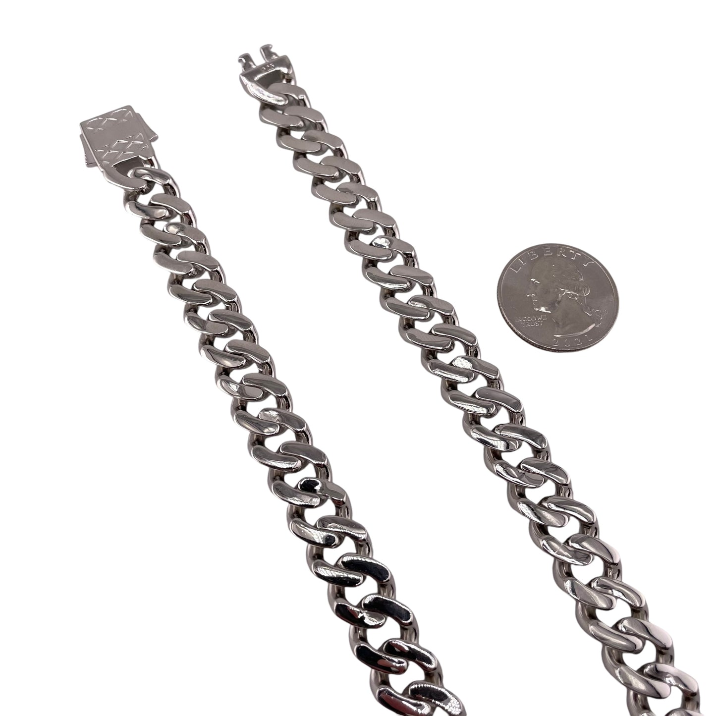 CZ Curb 11mm Rhodium Sterling Silver Chain Bracelet Necklace