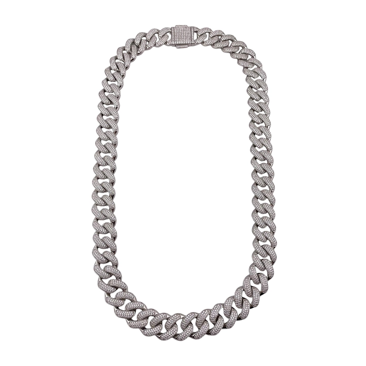 CZ Curb 17mm Rhodium Sterling Silver Chain Bracelet Necklace