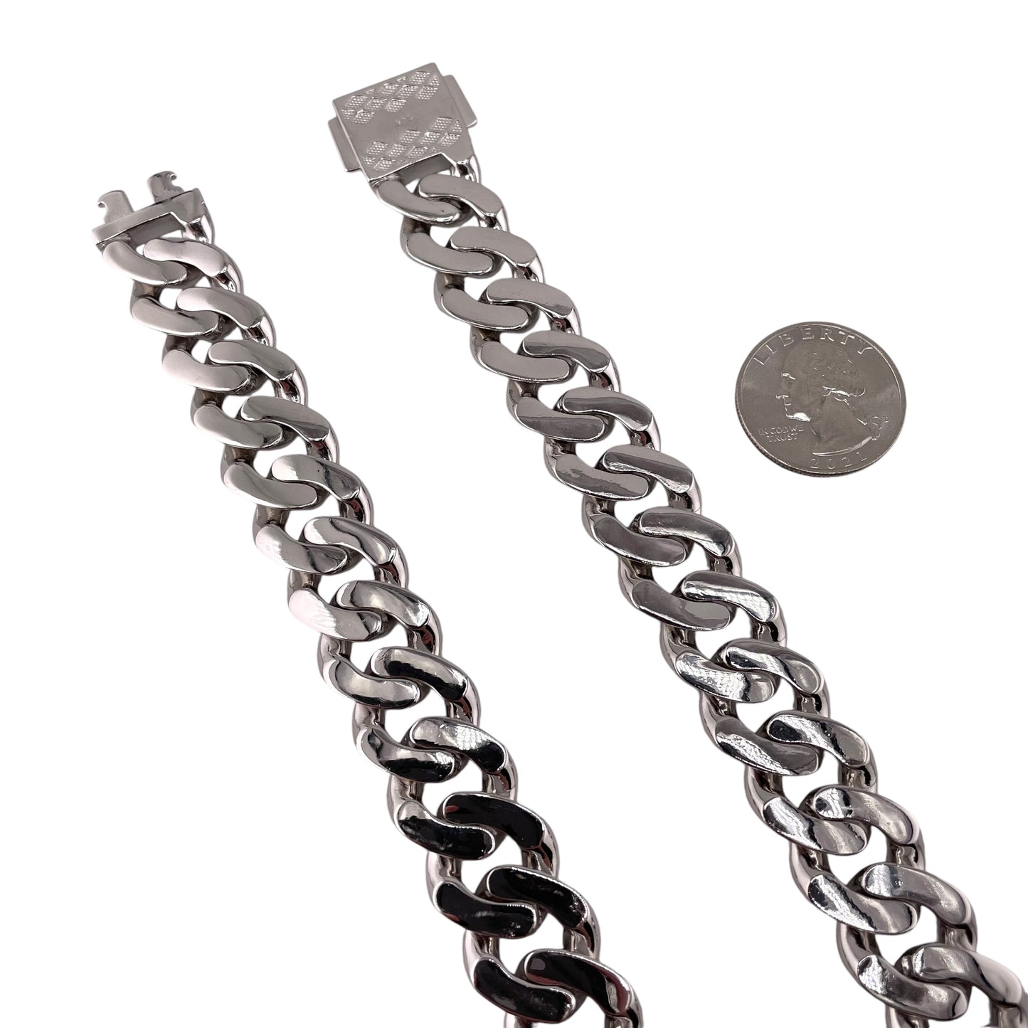 CZ Curb 17mm Rhodium Sterling Silver Chain Bracelet Necklace