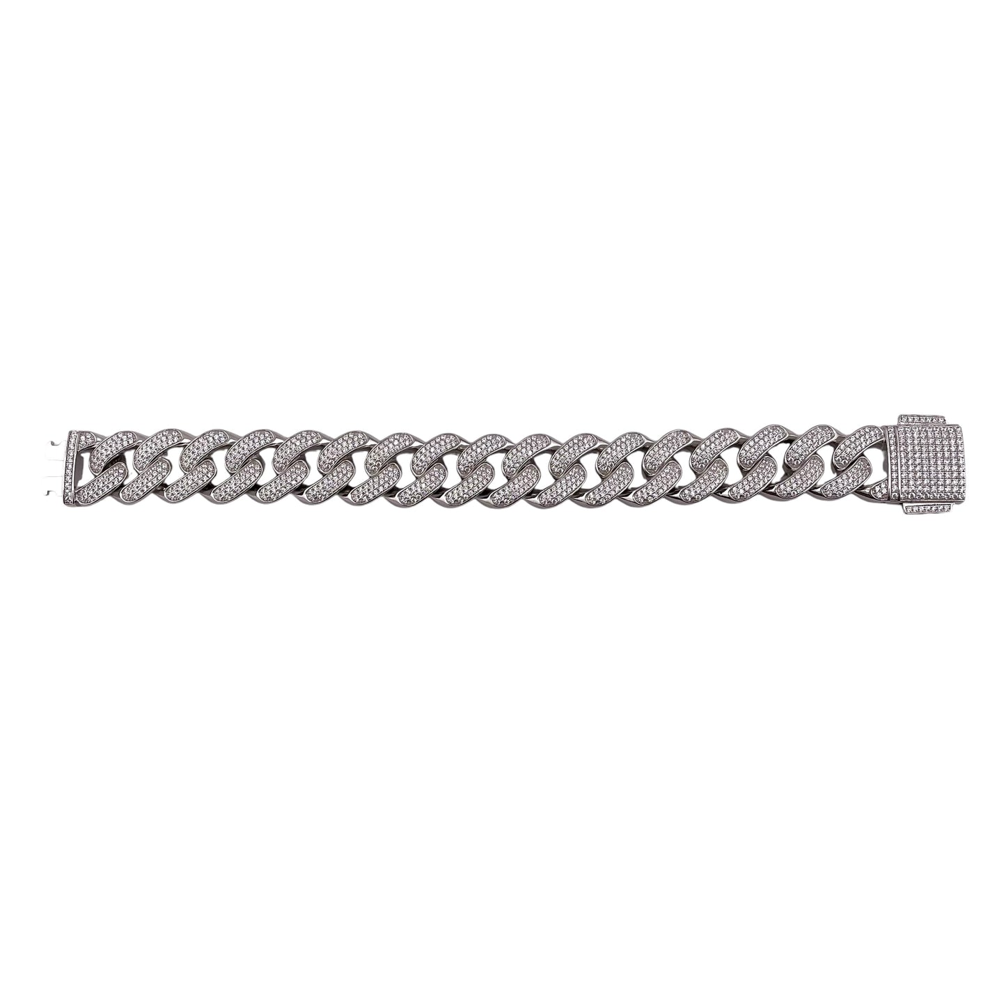 CZ Curb 17mm Rhodium Sterling Silver Chain Bracelet Necklace