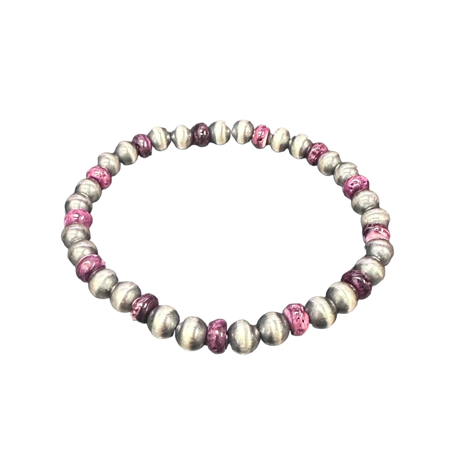 Purple Spiny Oyster Desert Pearls Oxidized Bead 6mm Stretch Bracelet Sterling Silver