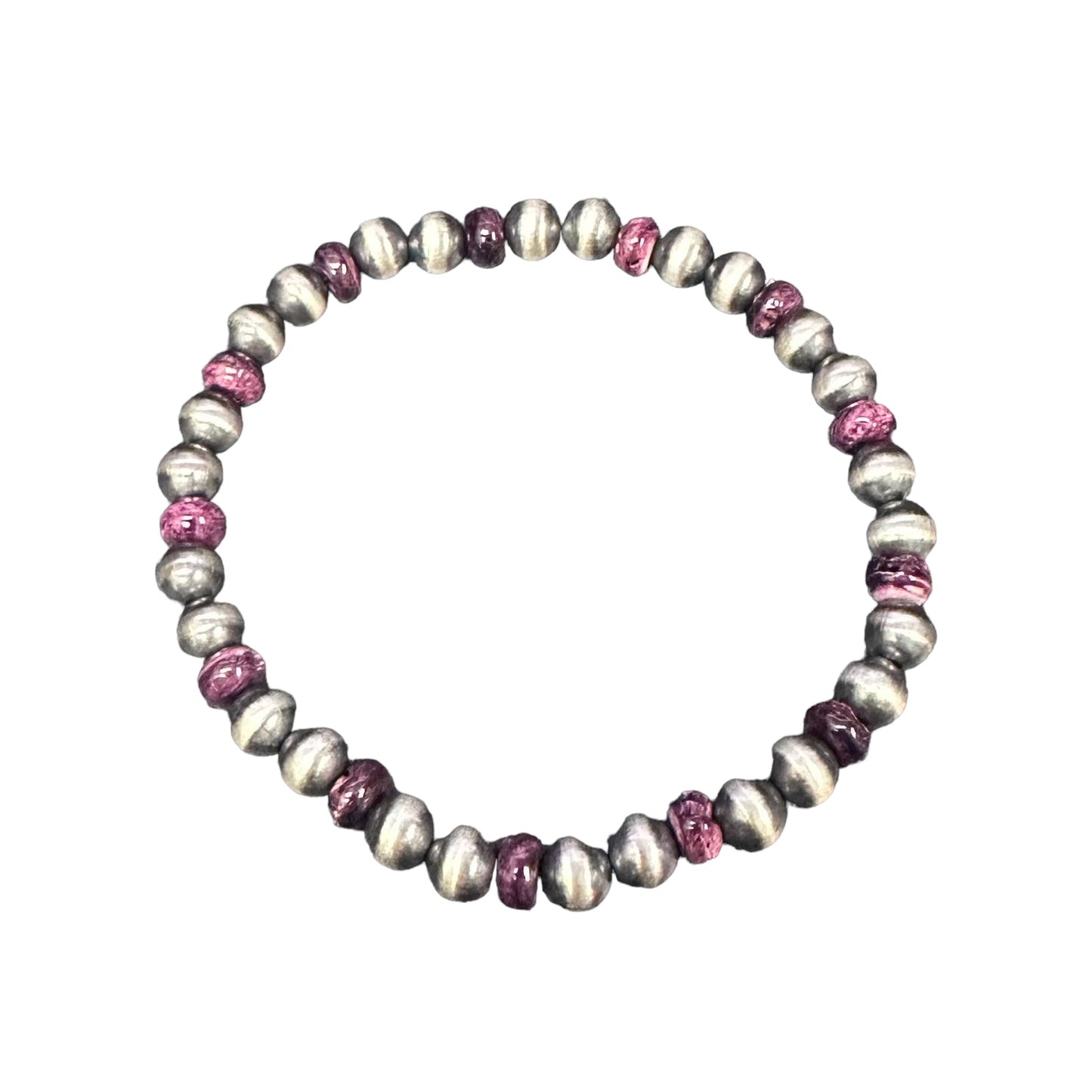 Purple Spiny Oyster Desert Pearls Oxidized Bead 6mm Stretch Bracelet Sterling Silver