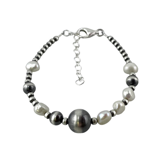 White Pearl & Desert Pearls Oxidized Bead Bracelet Sterling Silver