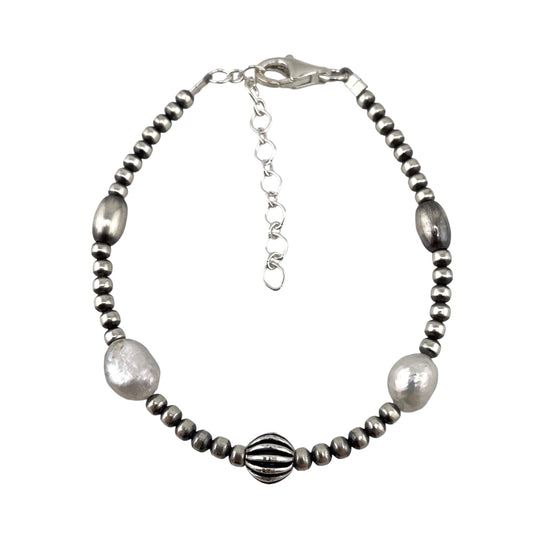 White Pearl & Desert Pearls Oxidized Bead Bracelet Sterling Silver