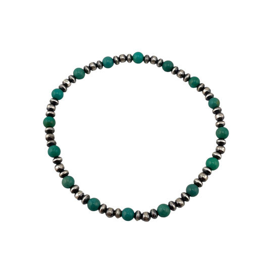 Turquoise Desert Pearls Oxidized Bead Stretch Bracelet Sterling Silver