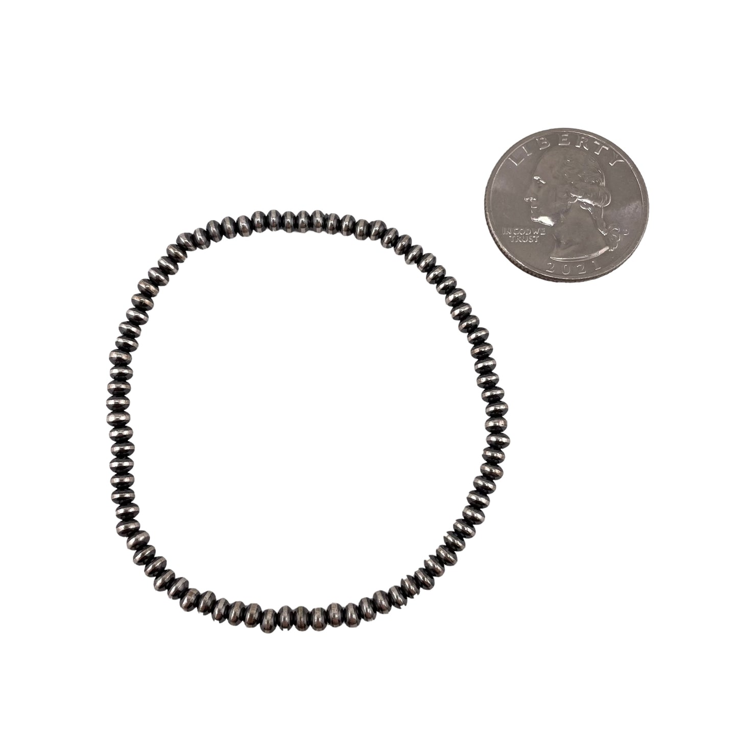 Sterling Silver Navajo Pearl Oxidize Saucer Bead Stretch Bracelet. Available from 3mm to 9mm