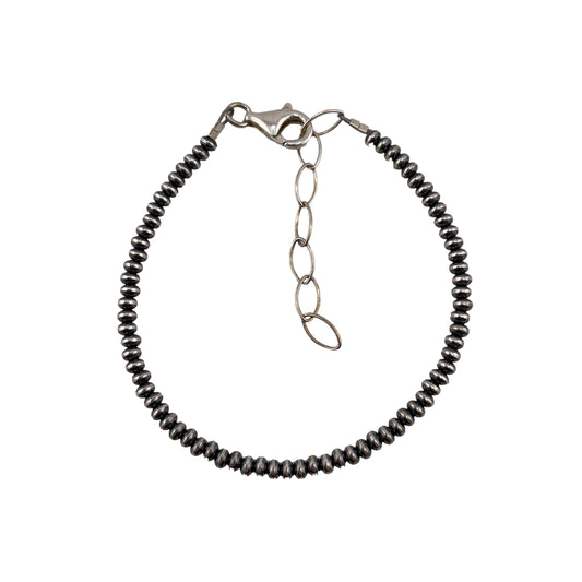 Sterling Silver Desert Pearls Oxidize Saucer Bead Bracelet w/ Extender Chain. Available from 3mm to 9mm