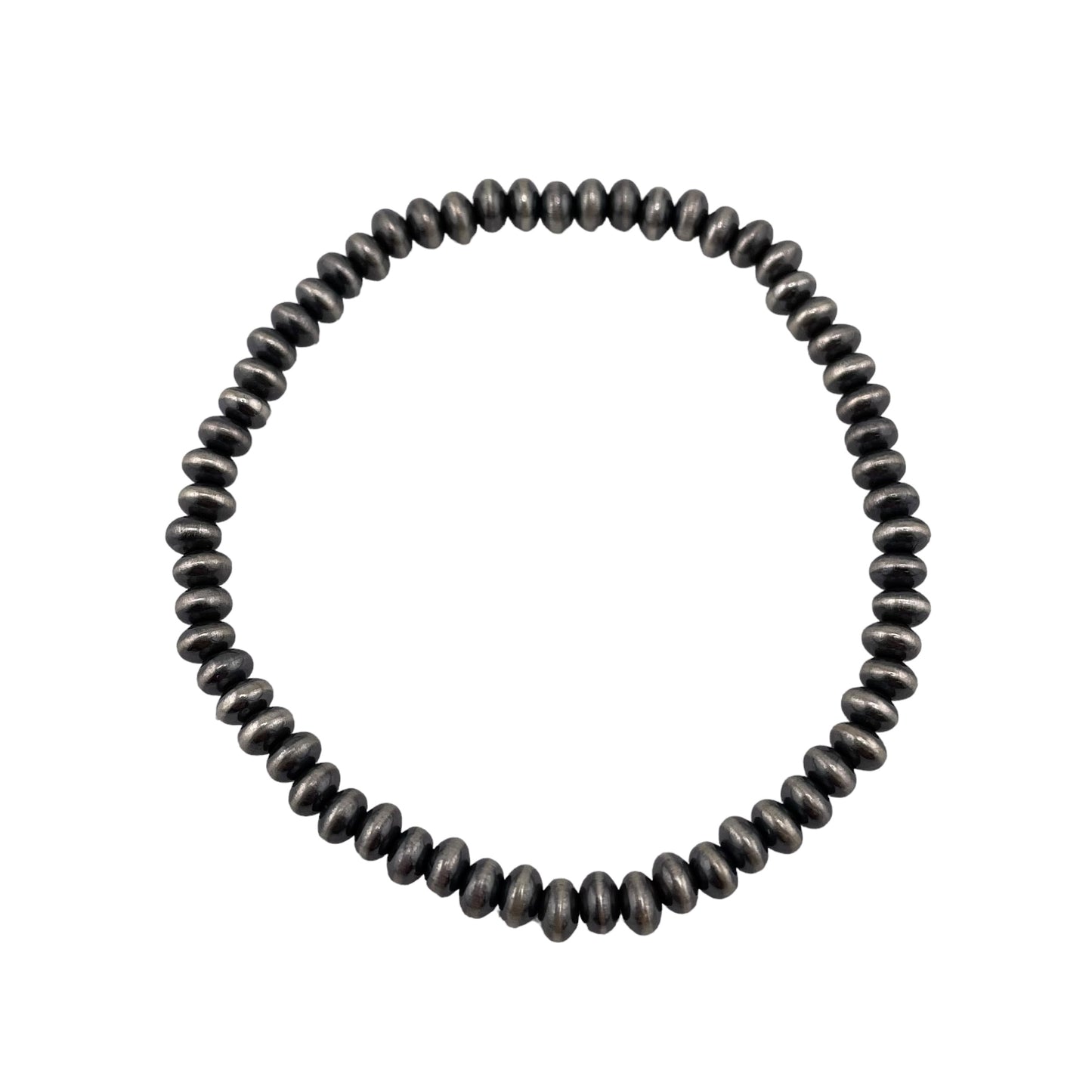 Sterling Silver Navajo Pearl Oxidize Saucer Bead Stretch Bracelet. Available from 3mm to 9mm