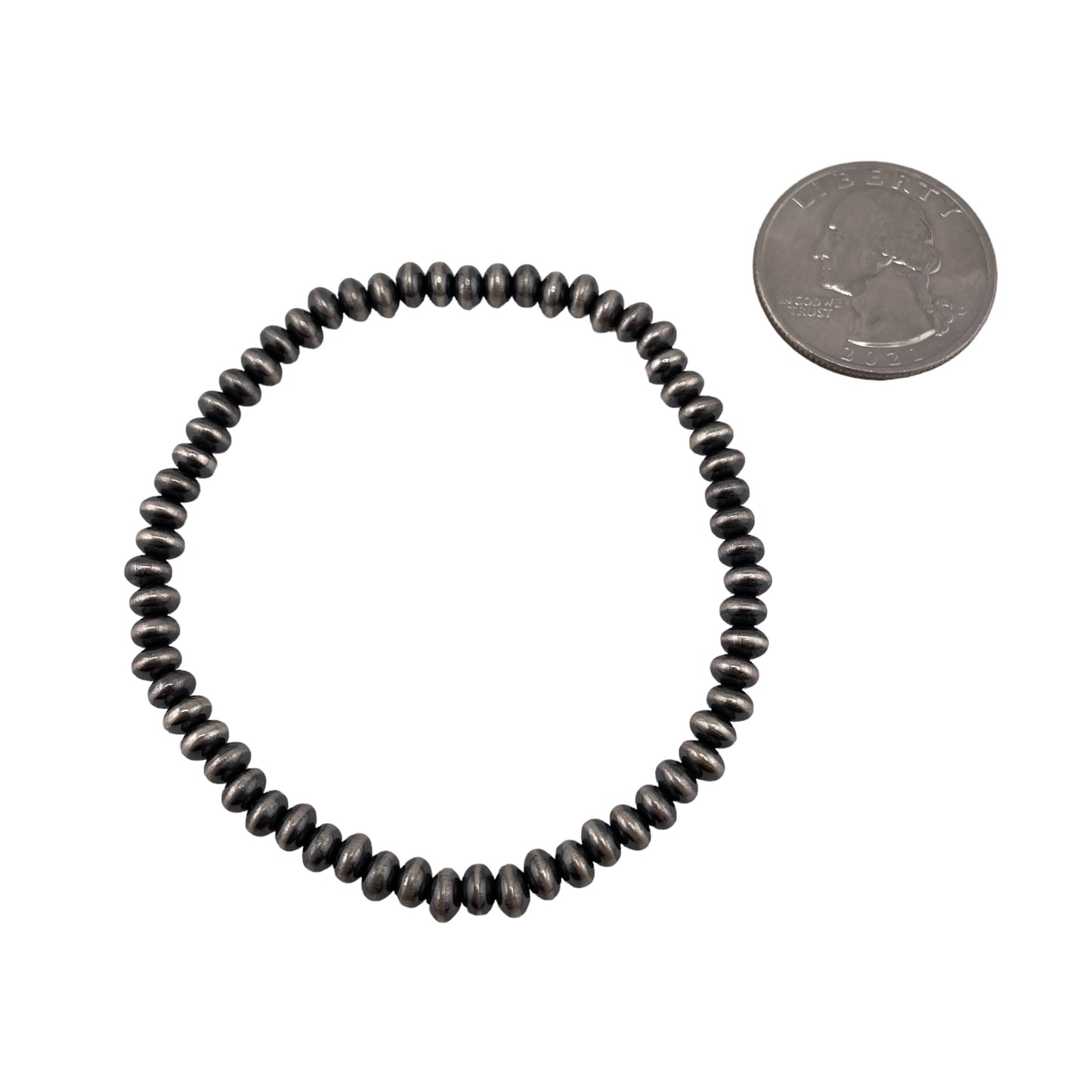 Sterling Silver Navajo Pearl Oxidize Saucer Bead Stretch Bracelet. Available from 3mm to 9mm