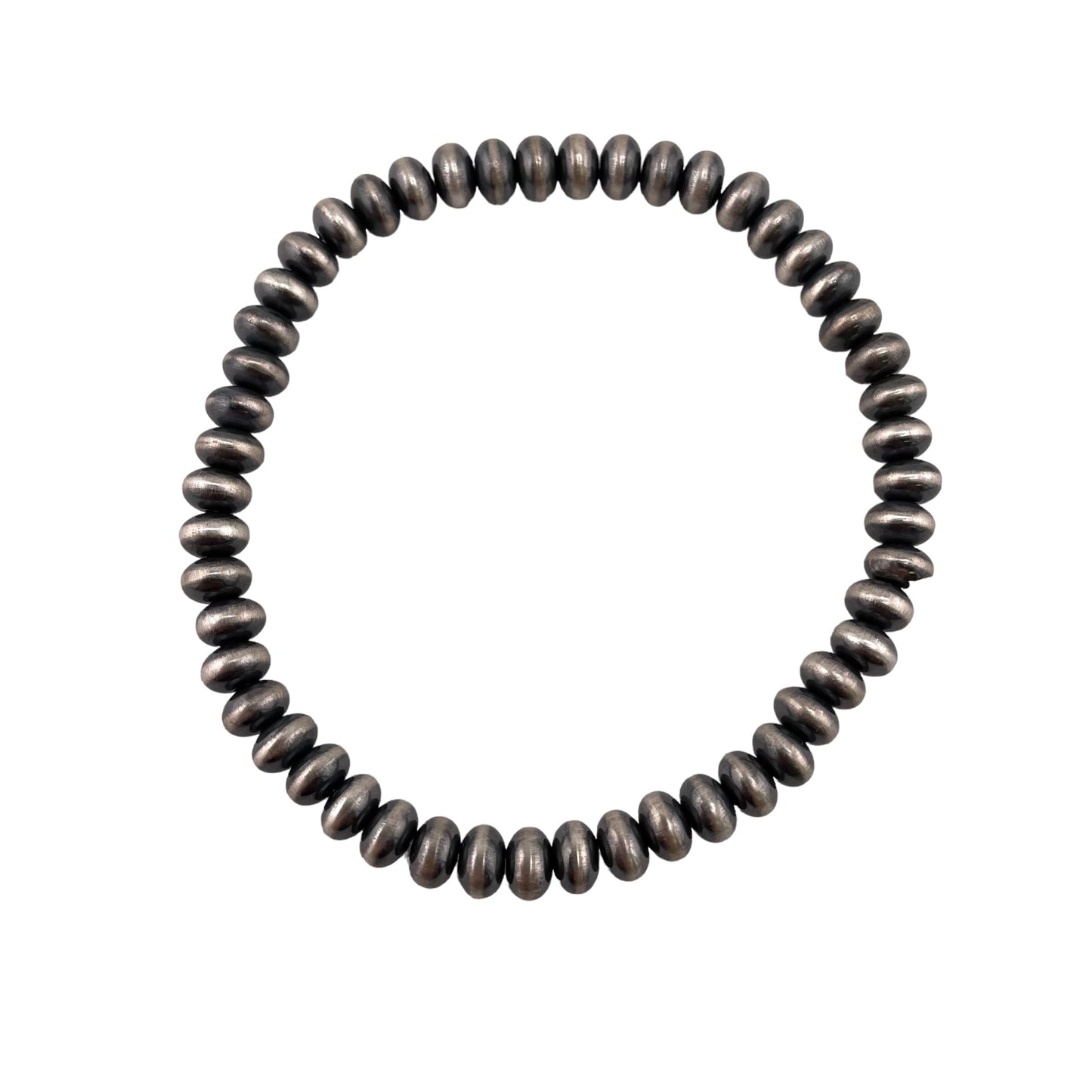 Sterling Silver Navajo Pearl Oxidize Saucer Bead Stretch Bracelet. Available from 3mm to 9mm