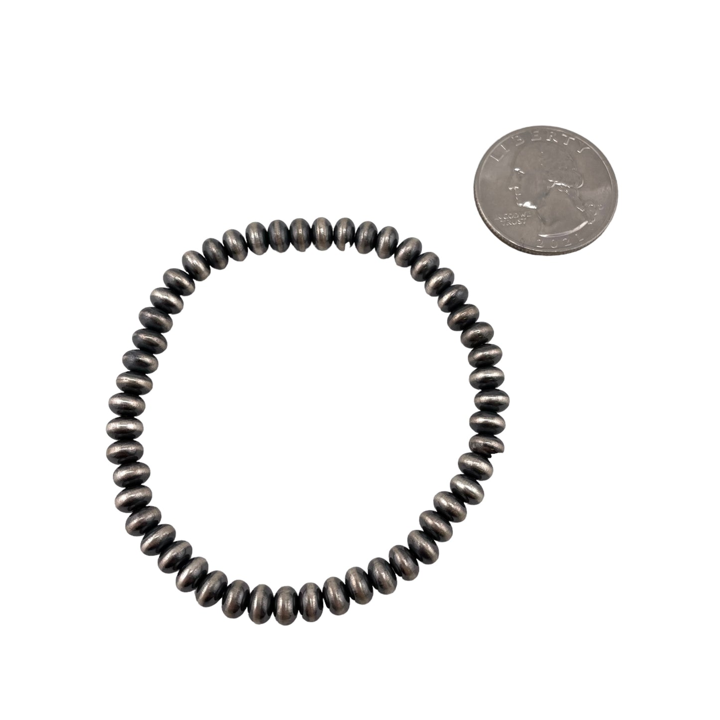 Sterling Silver Navajo Pearl Oxidize Saucer Bead Stretch Bracelet. Available from 3mm to 9mm