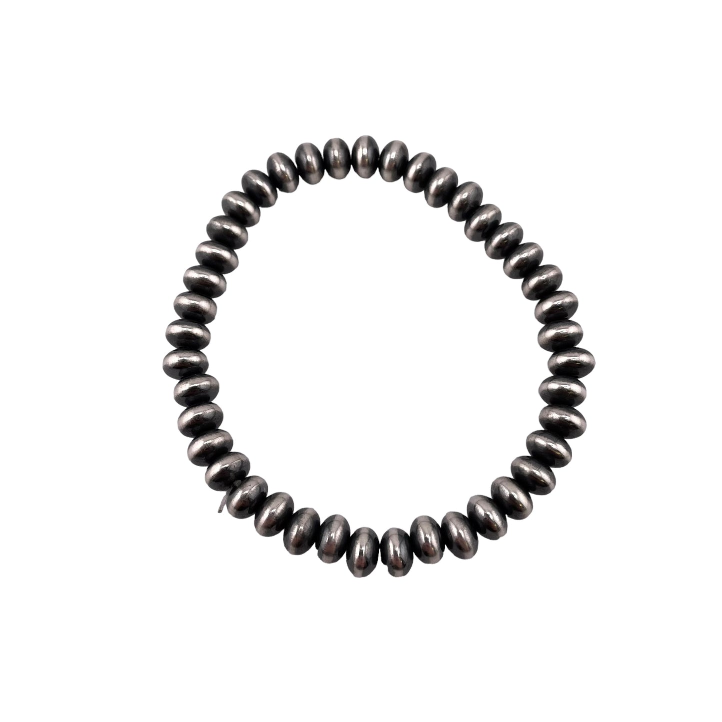 Sterling Silver Navajo Pearl Oxidize Saucer Bead Stretch Bracelet. Available from 3mm to 9mm