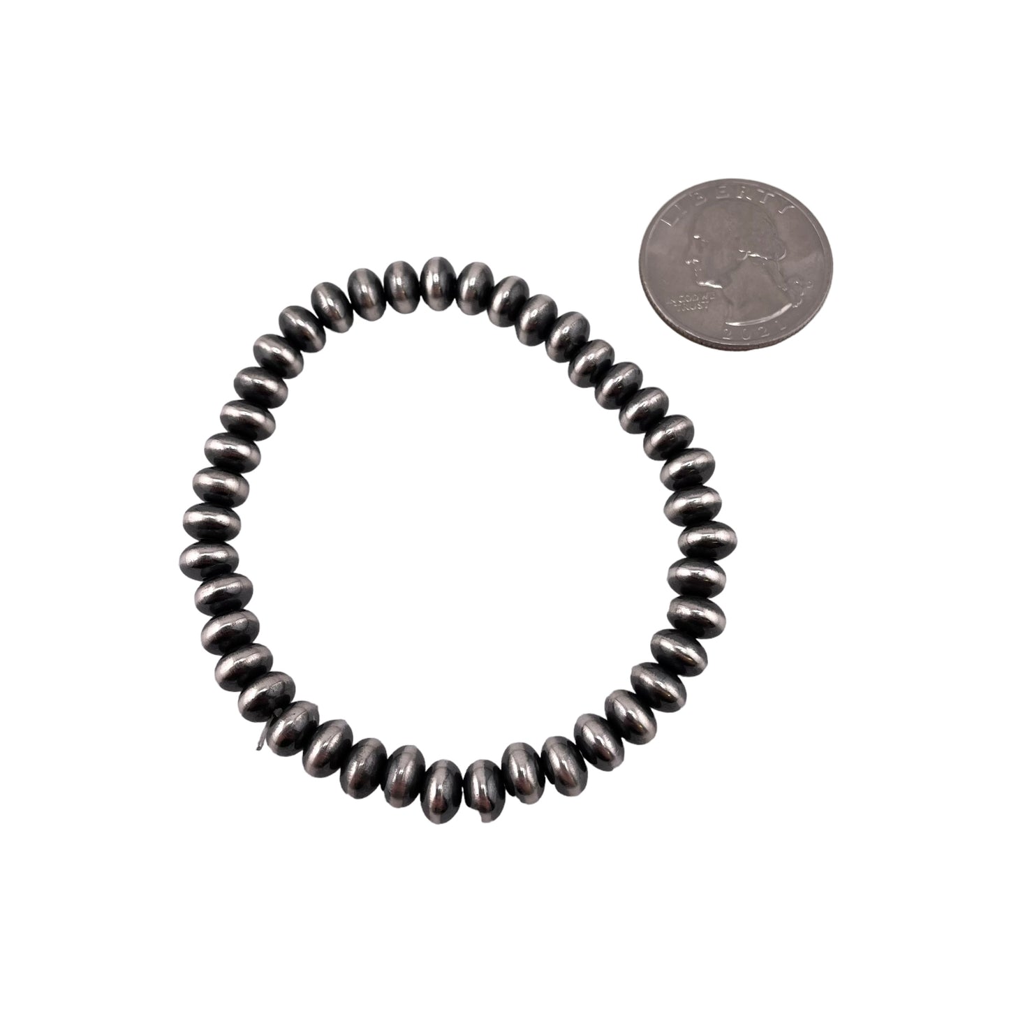 Sterling Silver Navajo Pearl Oxidize Saucer Bead Stretch Bracelet. Available from 3mm to 9mm