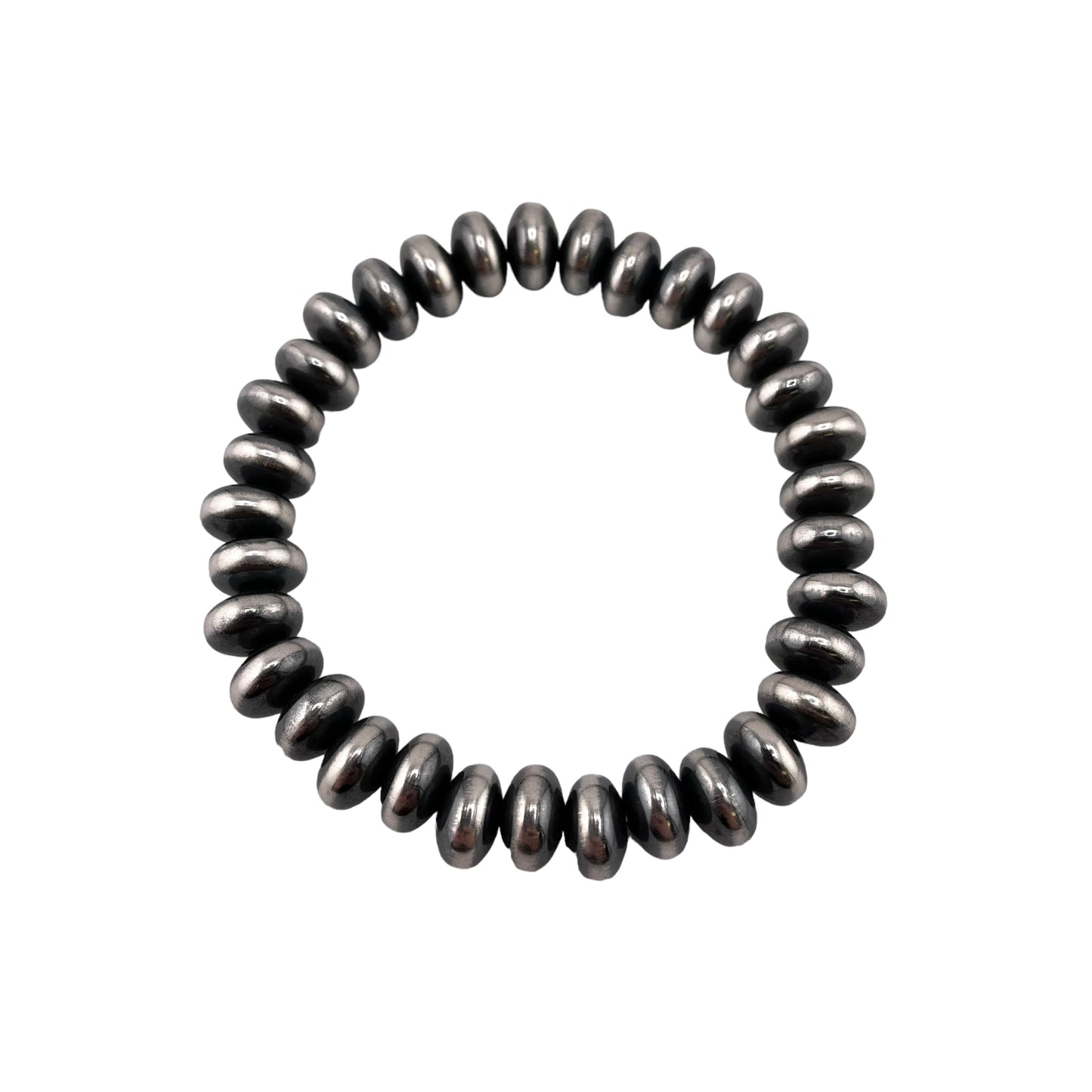 Sterling Silver Navajo Pearl Oxidize Saucer Bead Stretch Bracelet. Available from 3mm to 9mm