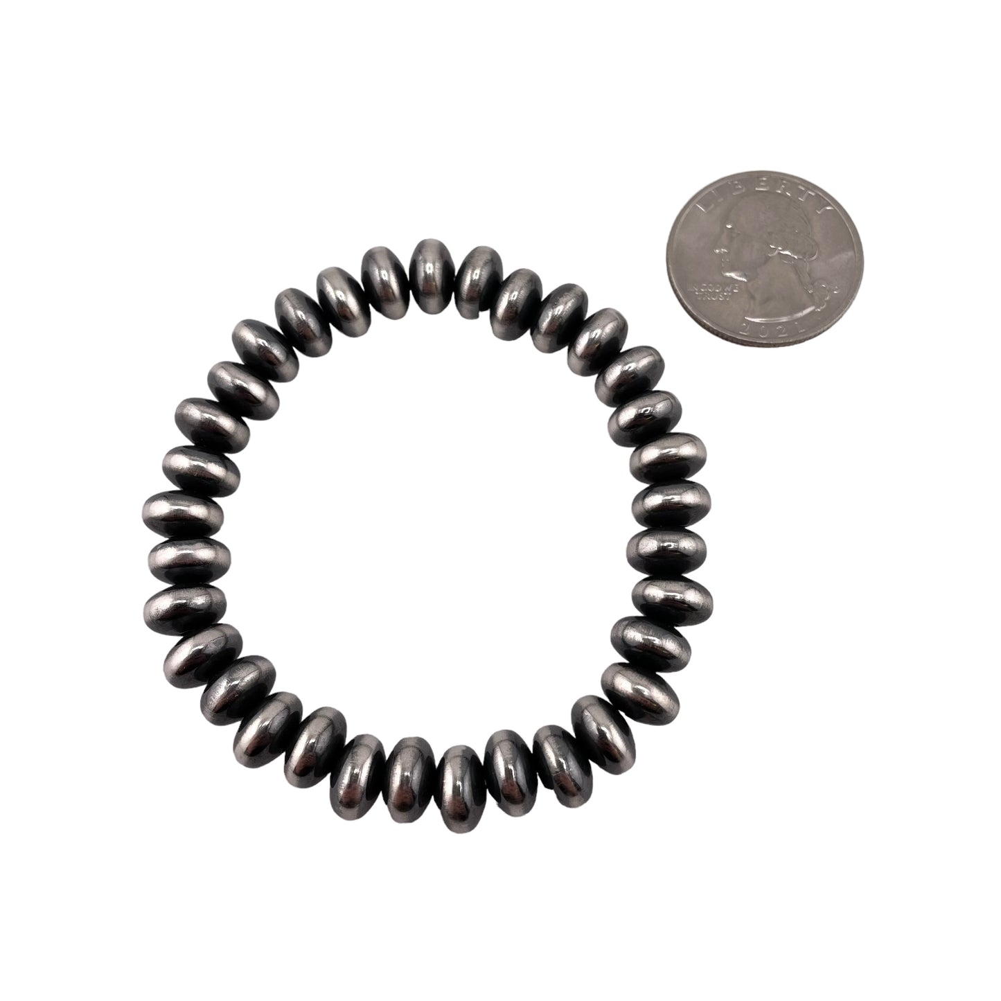 Sterling Silver Navajo Pearl Oxidize Saucer Bead Stretch Bracelet. Available from 3mm to 9mm