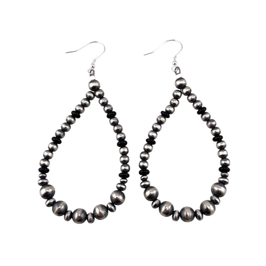 Black Onyx Pearl Bead Dangle Earrings Sterling Silver