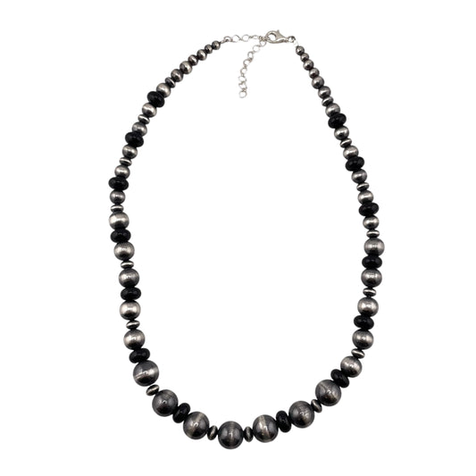 Black Onyx Desert Pearl Graduated Mixed Bead Necklace Sterling Silver