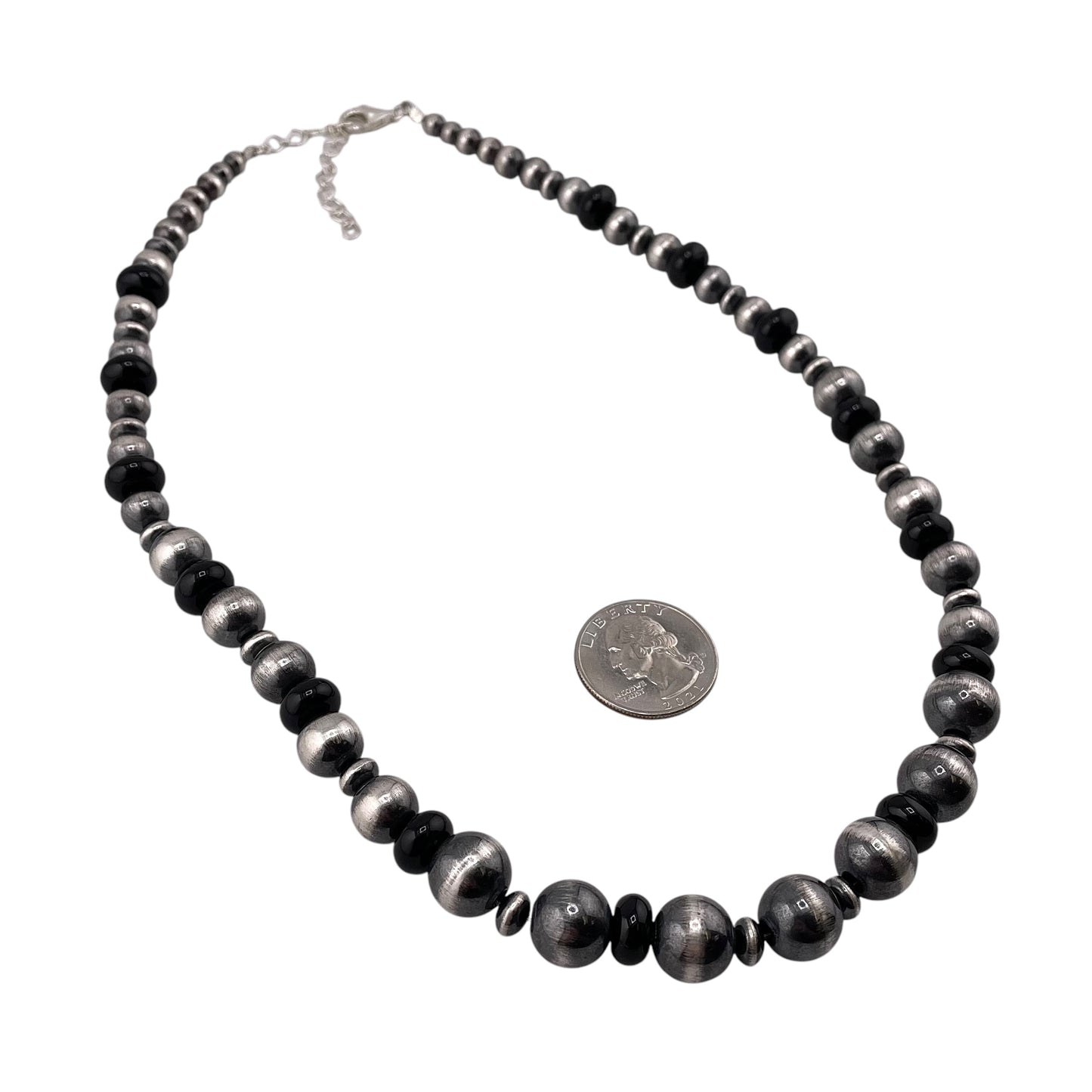 Black Onyx Desert Pearl Graduated Mixed Bead Necklace Sterling Silver