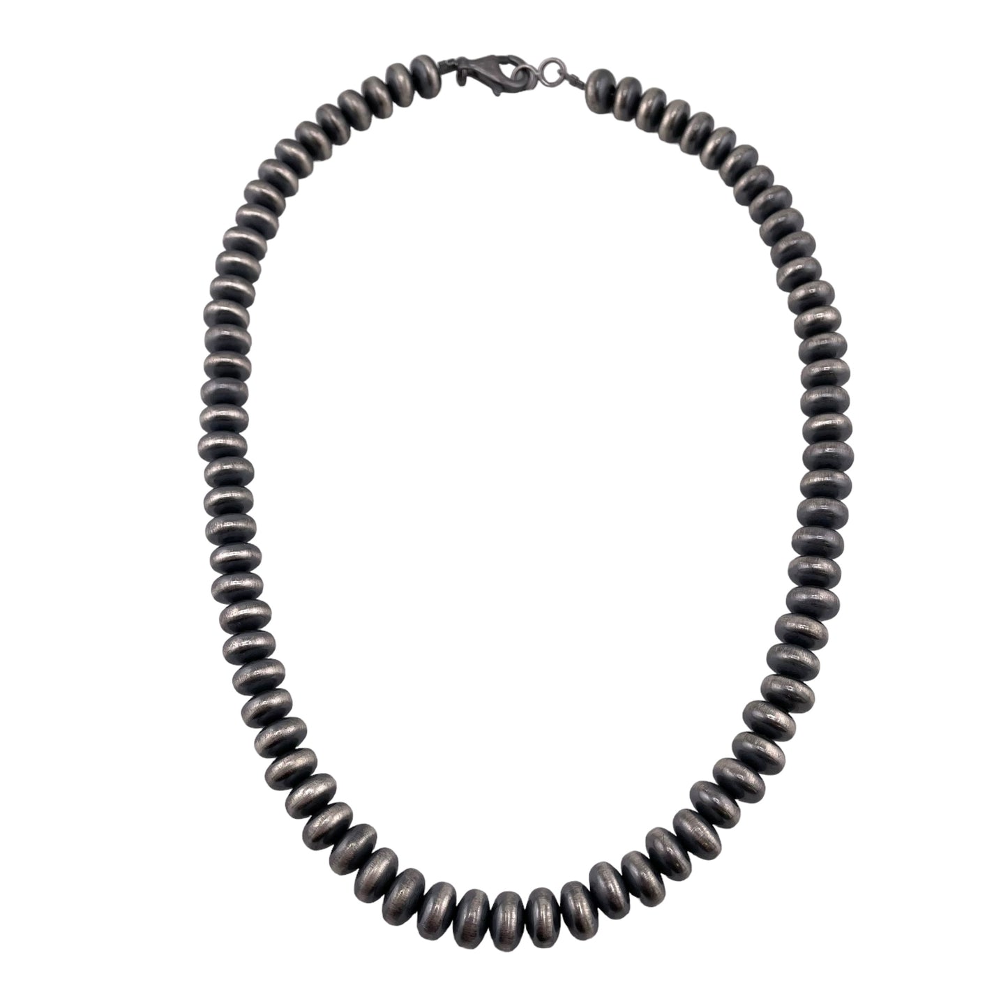 Sterling Silver Navajo Pearl 9mm Saucer Oxidized Bead Necklace. Available from 16" to 36"