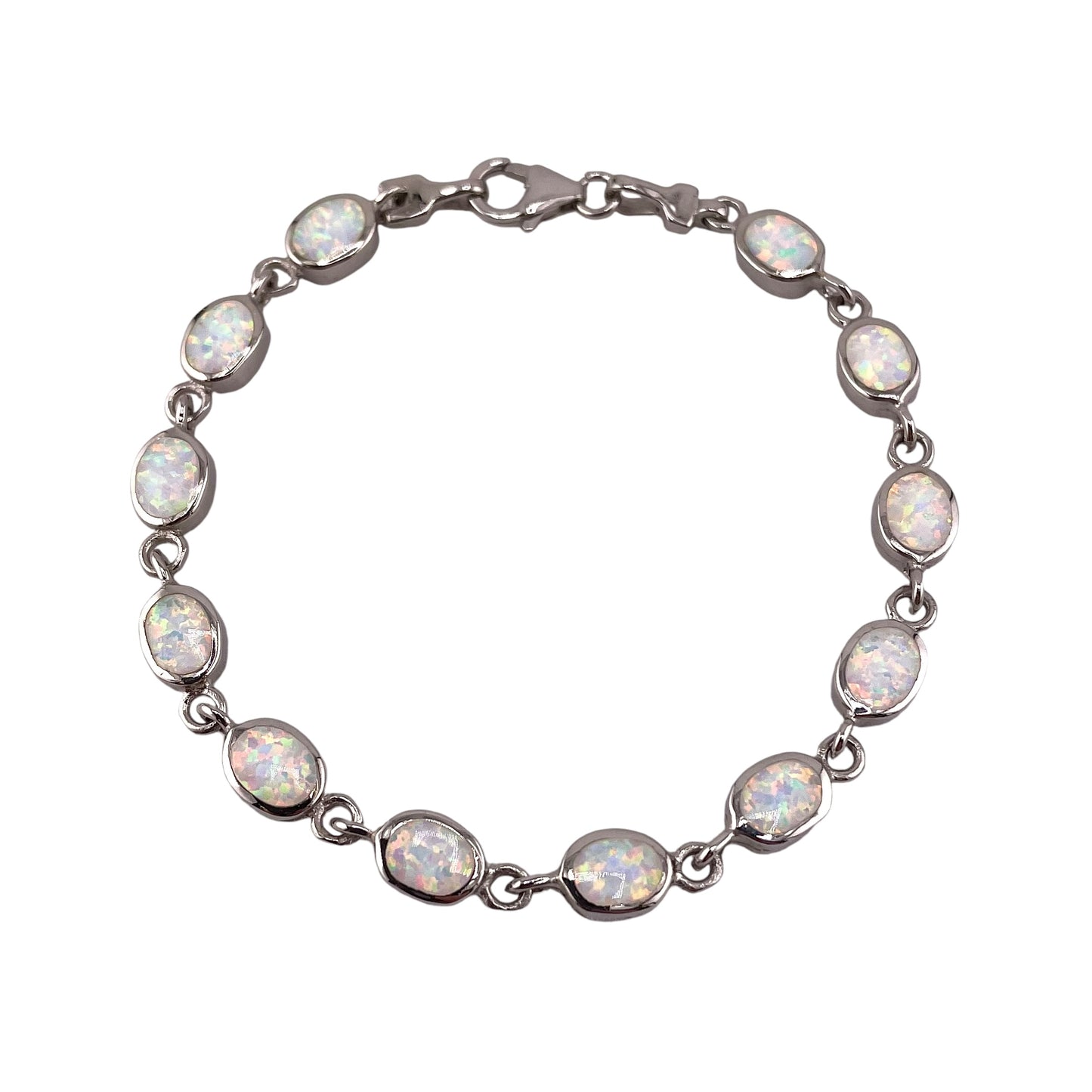 White Lab Opal 6mm Oval Link Bracelet Sterling Silver