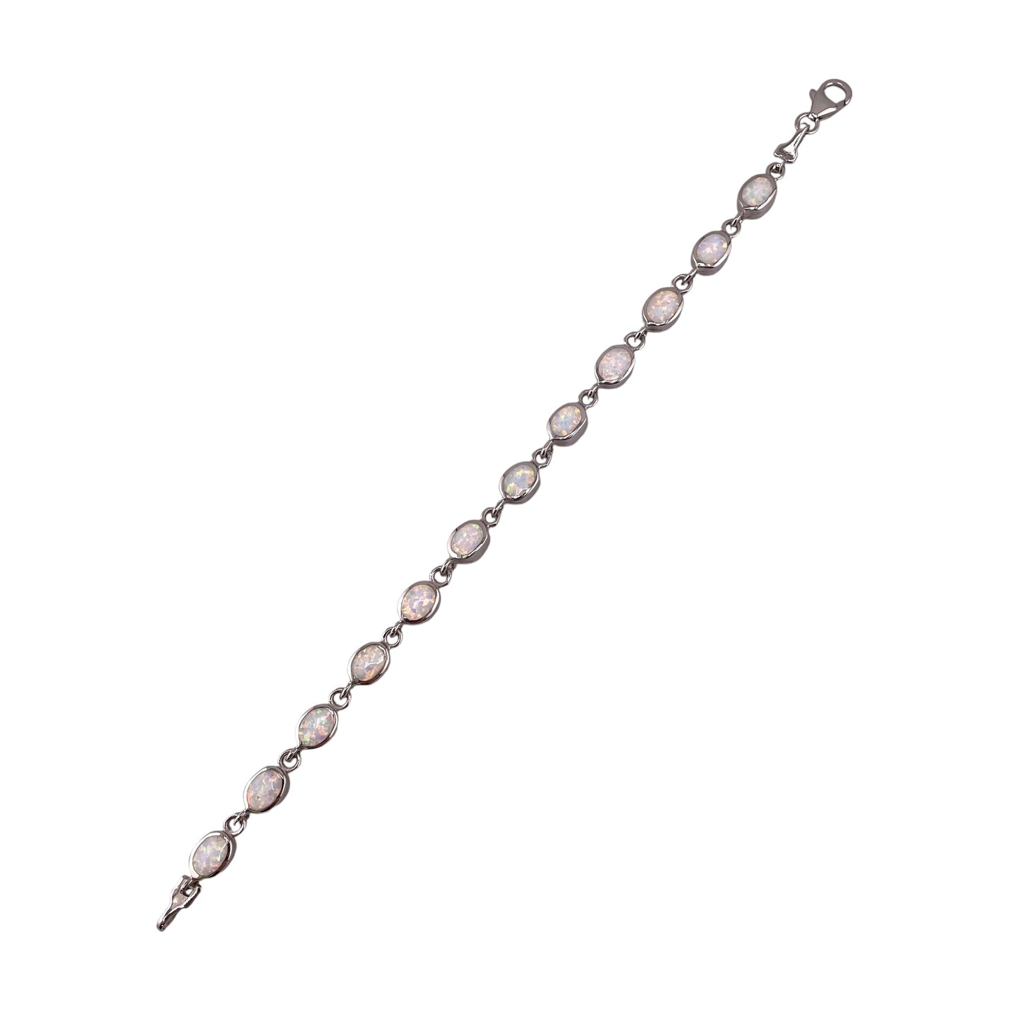 White Lab Opal 6mm Oval Link Bracelet Sterling Silver