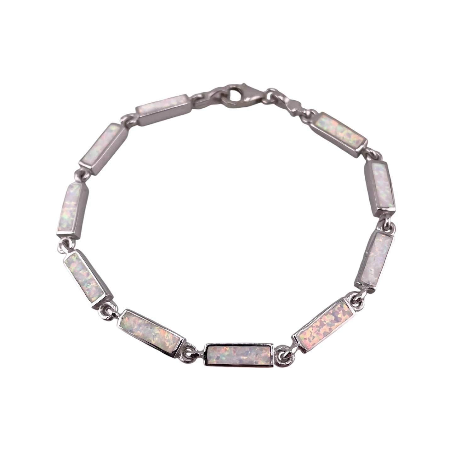 White Lab Opal 4mm Rectangle Link Bracelet Sterling Silver