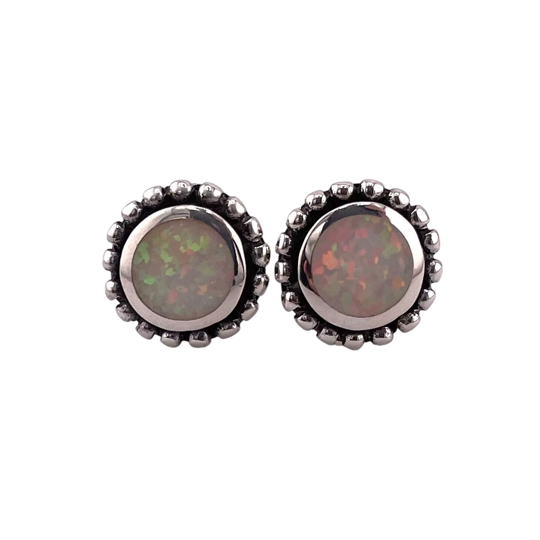 White Lab Opal 10mm Dotted Round Stud Earrings Sterling Silver