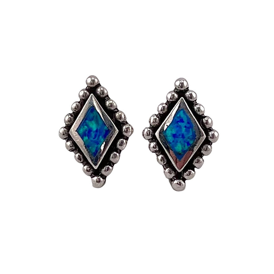 Blue Lab Opal 13mm Dotted Diamond Stud Earrings Sterling Silver