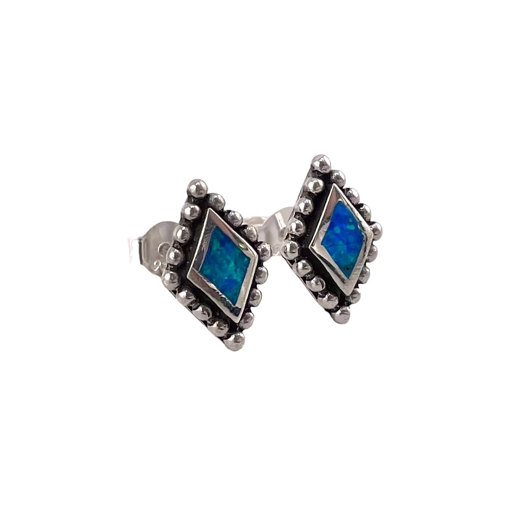 Blue Lab Opal 13mm Dotted Diamond Stud Earrings Sterling Silver